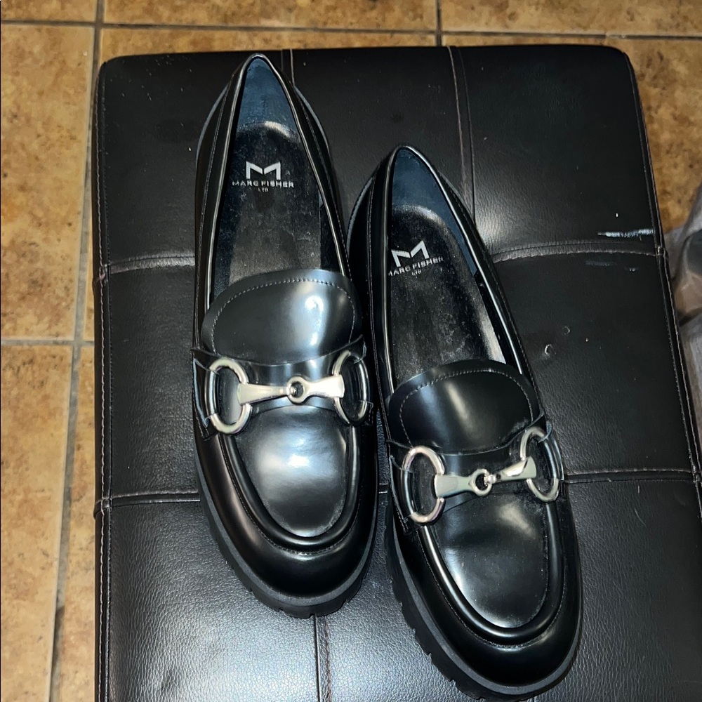 Marc Fisher Black Leather Loafers with Silver Buckle Detail